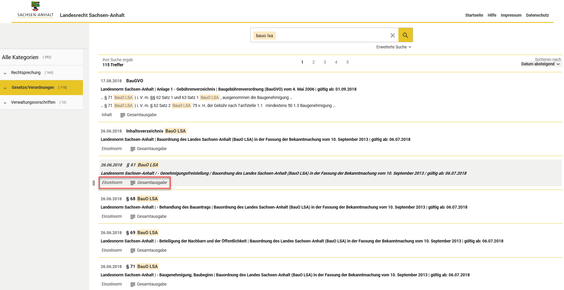 Aufruf der Einzelnorm oder Gesamtausgabe aus der Trefferliste