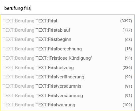 Vorschlagsliste öffnet sich bei der Eingabe von Suchbegriffen in die Suchzeile