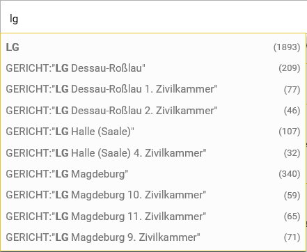 Vorschlagsliste bei der Eingabe eines Gerichts