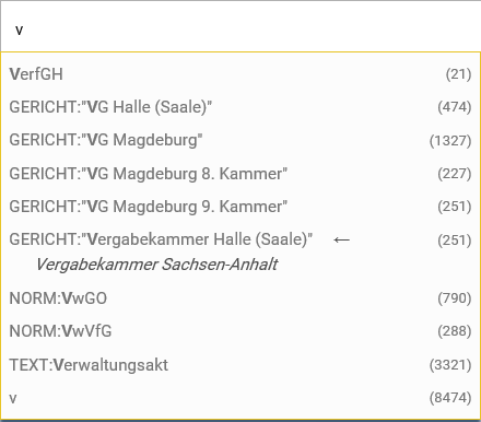 Vorschlagsliste mit Suchkürzeln