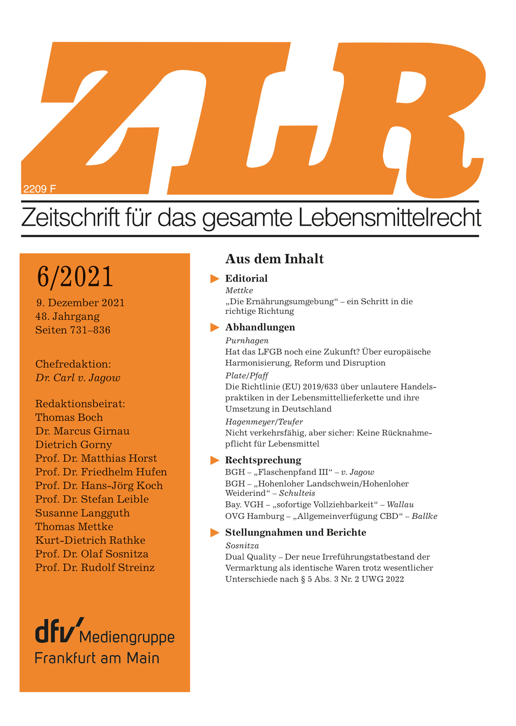 Abbildung: Zeitschrift für das gesamte Lebensmittelrecht (ZLR) 